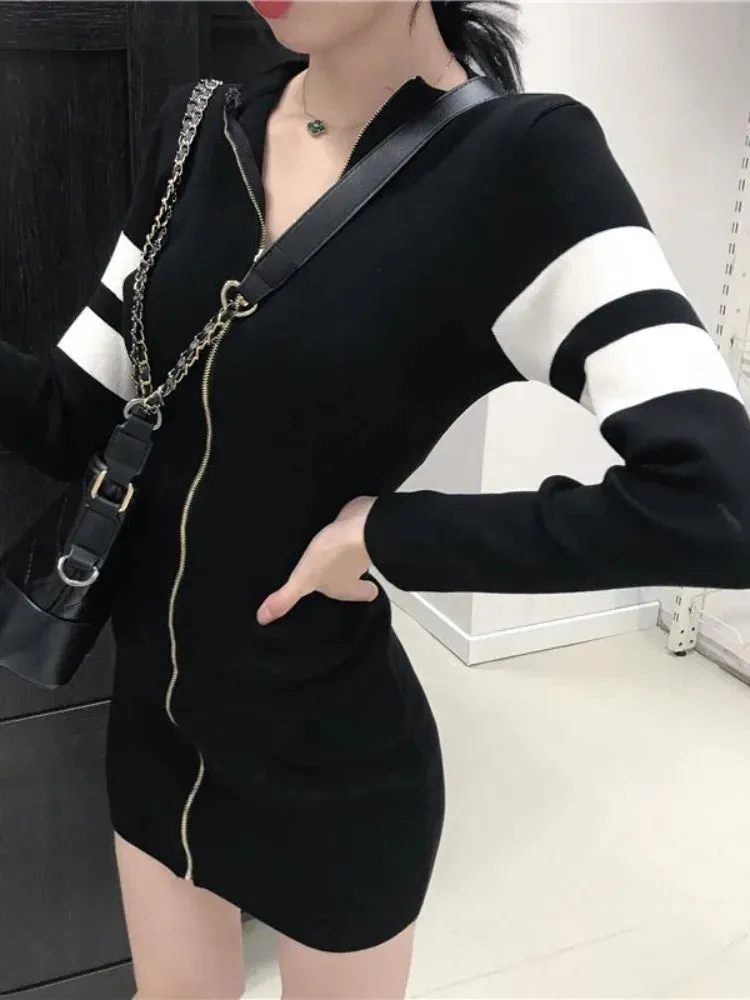 Korean Zip Black Bodycon Mini Dress Women 2024 Spring Kpop Striped Streetwear Wrap Long Sleeve Short Dresses Chic