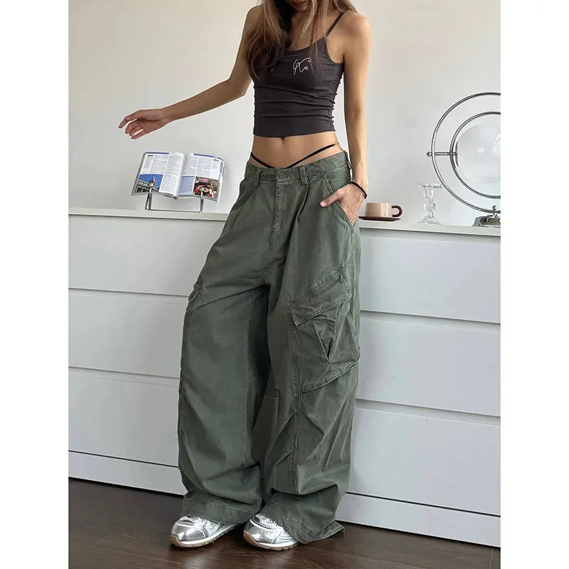 LVSANW 2024 NEW Green Jeans for Women High Quality High Waist American Wide Leg Pants Solid Y2K Vintage Straight Summer Trousers