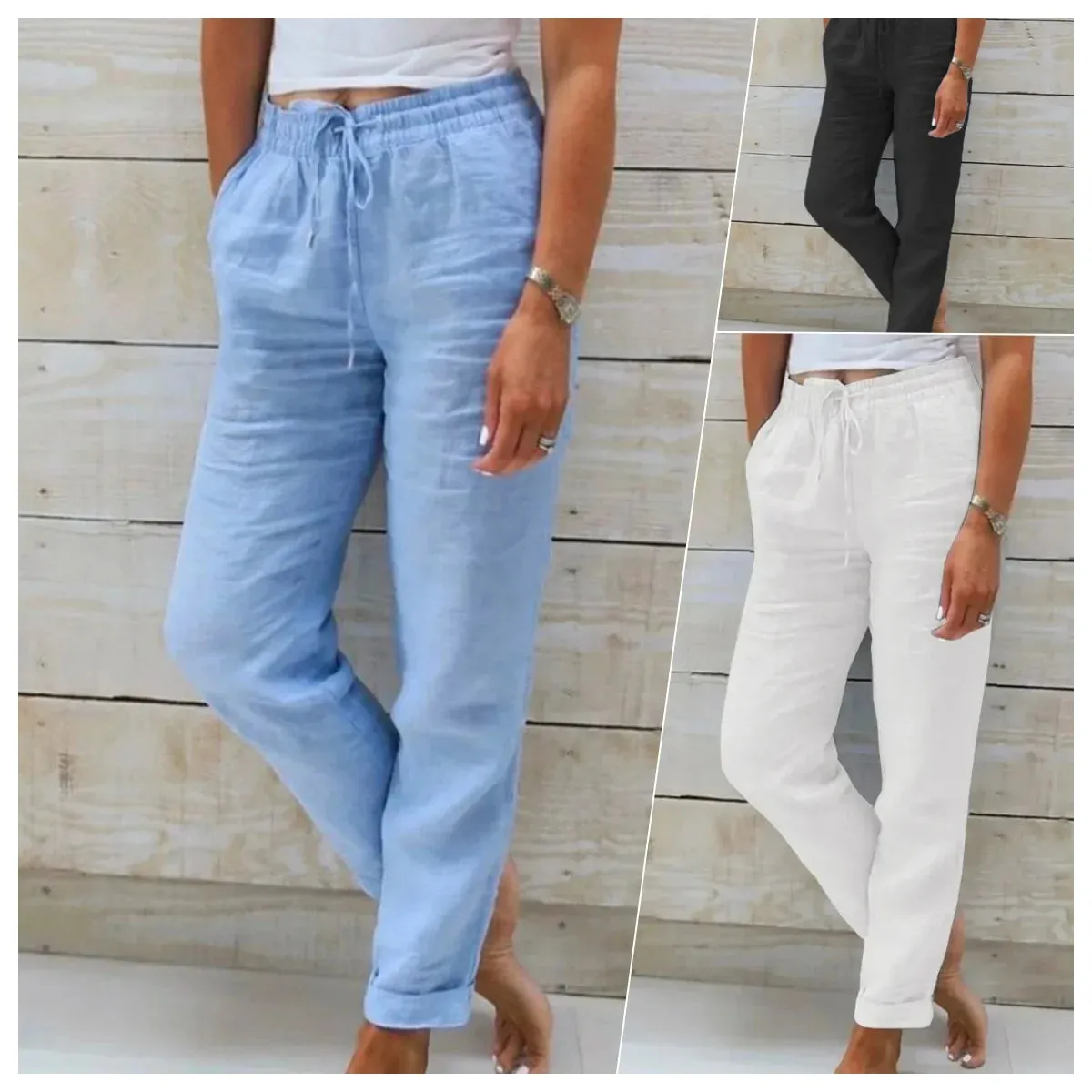 LVSANW Cotton Linen Summer Pants for Women High Waist Elastic Casual Trousers Streetwear Solid Female Clothes 2024 Loose Pencil Pants