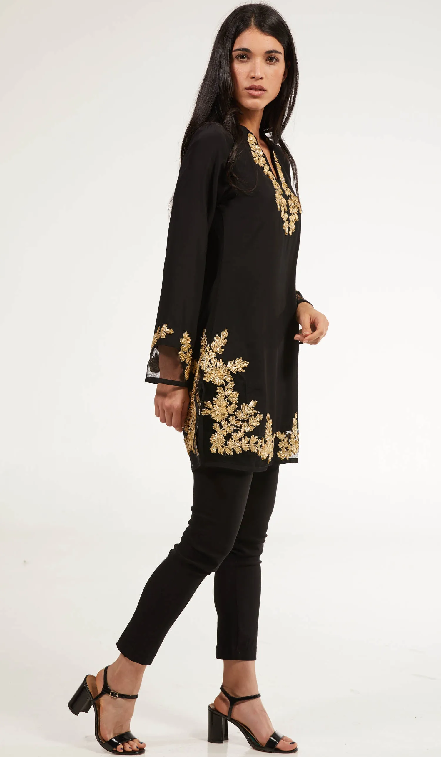 Mahnaz Gold Embellished Long Modest Tunic - Black - PREORDER (ships in 2 weeks)