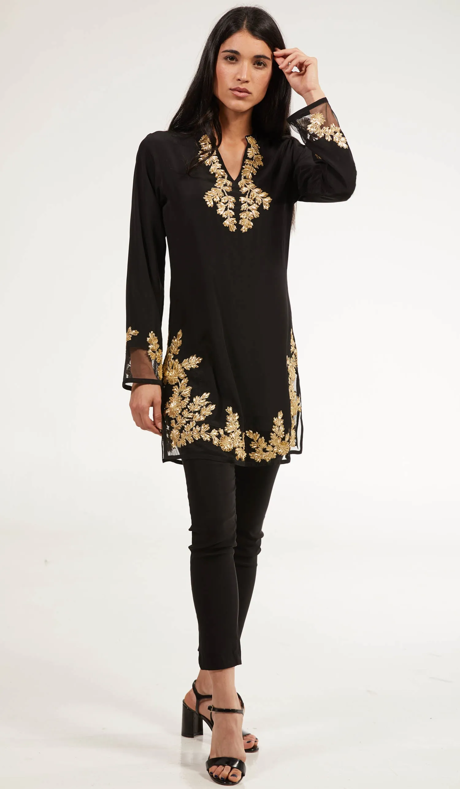 Mahnaz Gold Embellished Long Modest Tunic - Black - PREORDER (ships in 2 weeks)