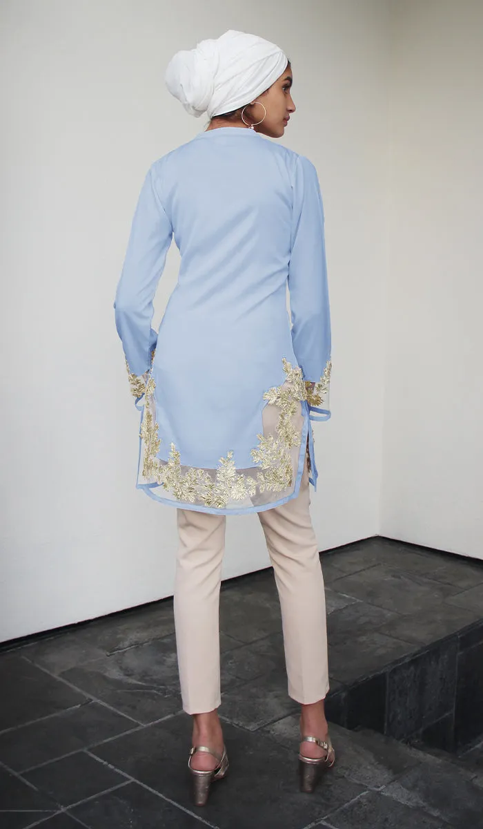 Mahnaz Gold Embellished Long Modest Tunic - Powder Blue