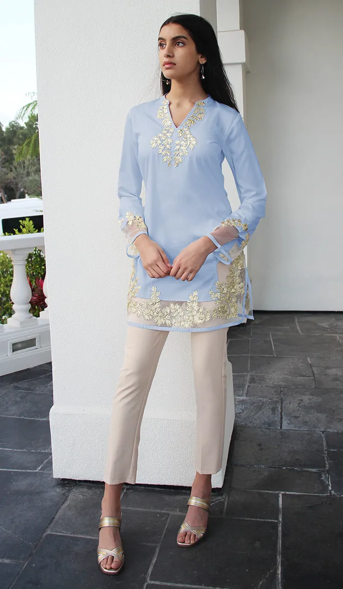 Mahnaz Gold Embellished Long Modest Tunic - Powder Blue