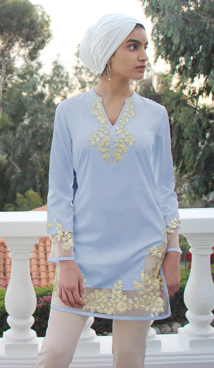 Mahnaz Gold Embellished Long Modest Tunic - Powder Blue