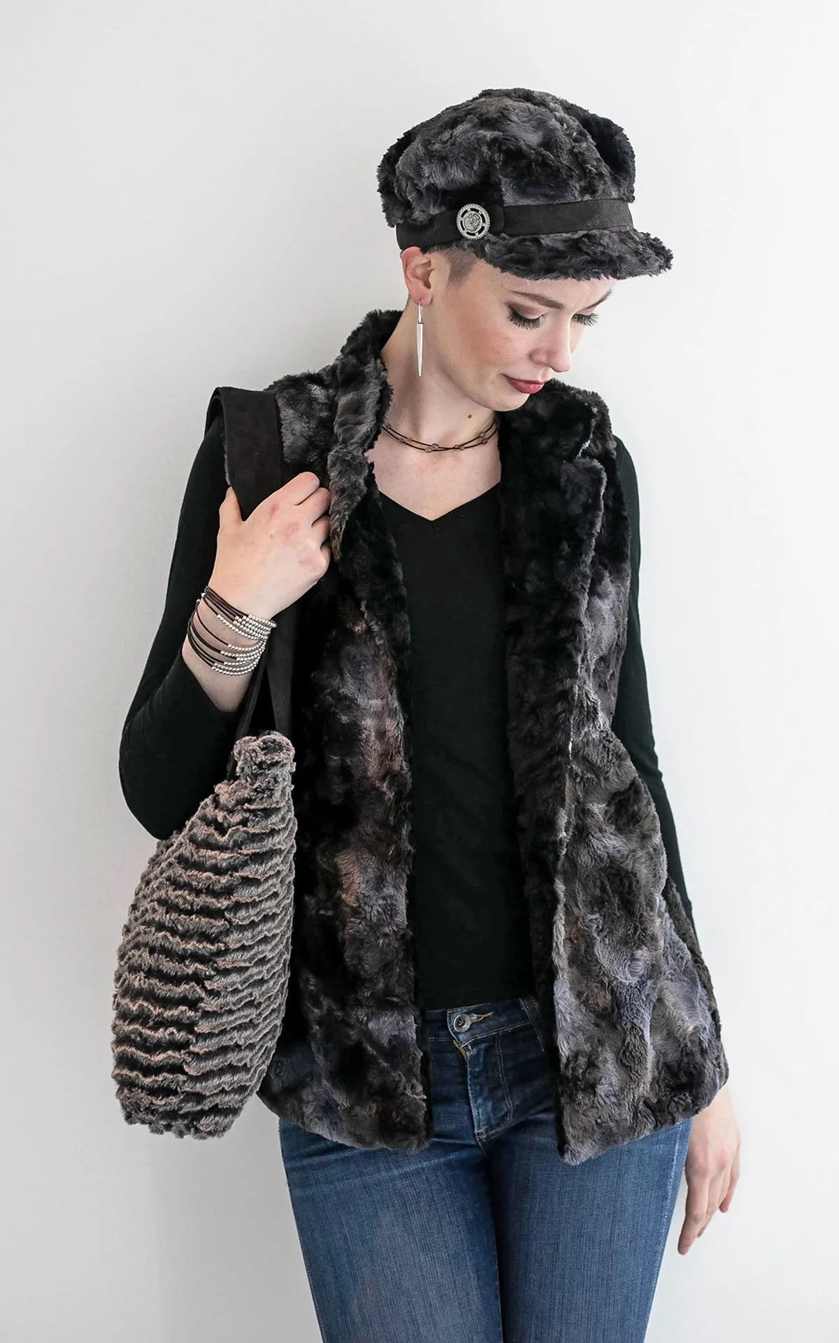 Mandarin Vest Short, Reversible less pockets - Luxury Faux Fur in Highland Skye with Cuddly Fur