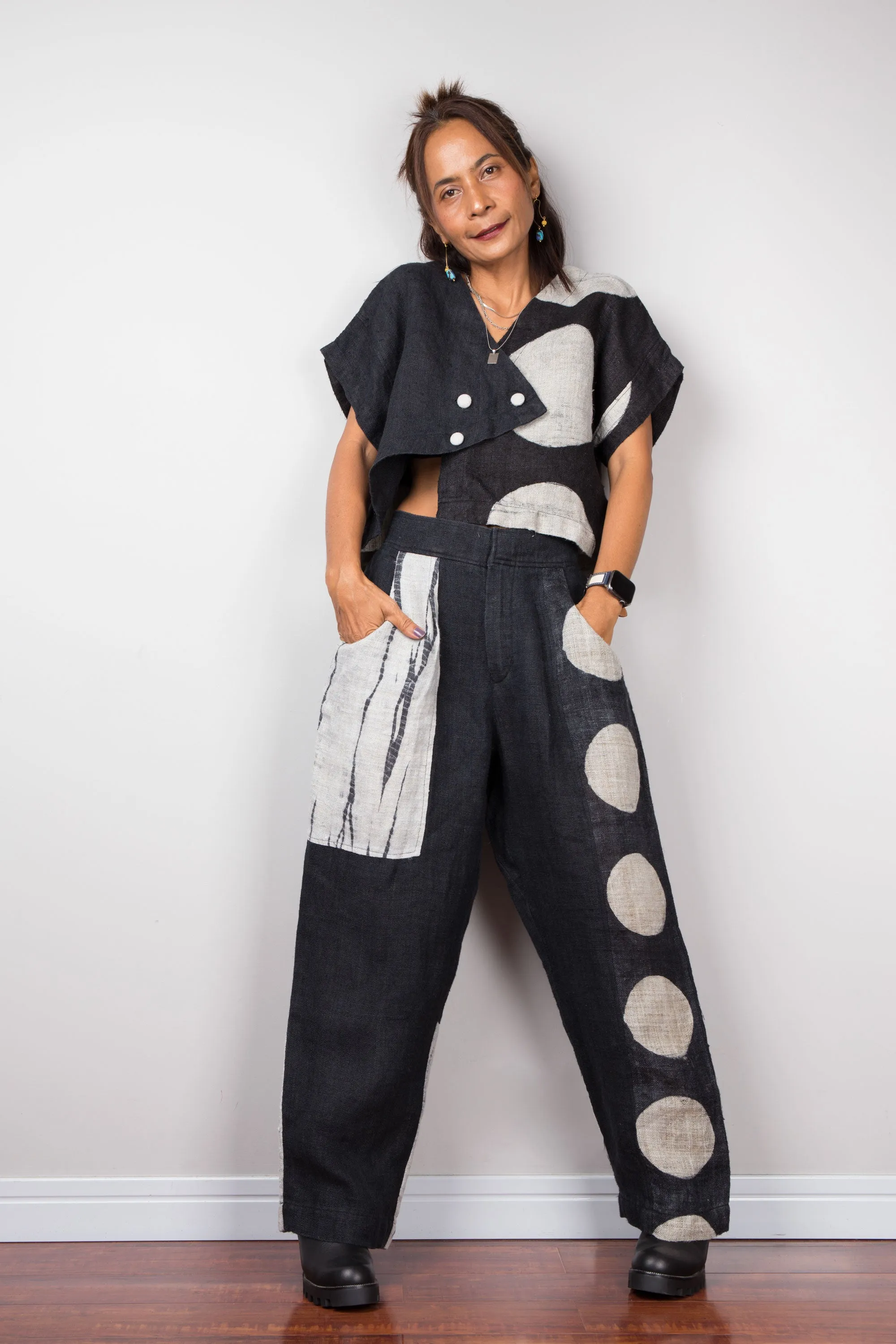 Matching hemp pants and blouse tunic (shibori and dot)