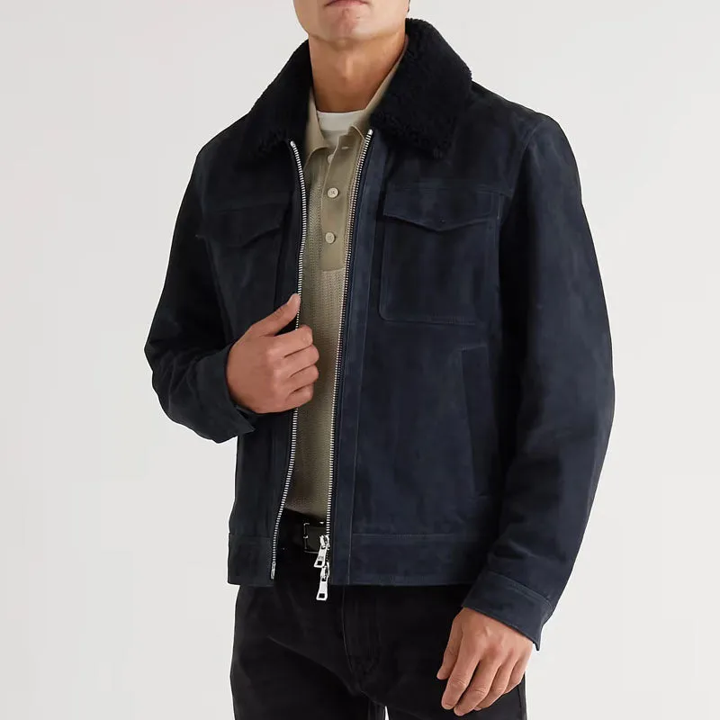 Men's Best Style Shearling-Trimmed Suede Trucker Leather Jacket