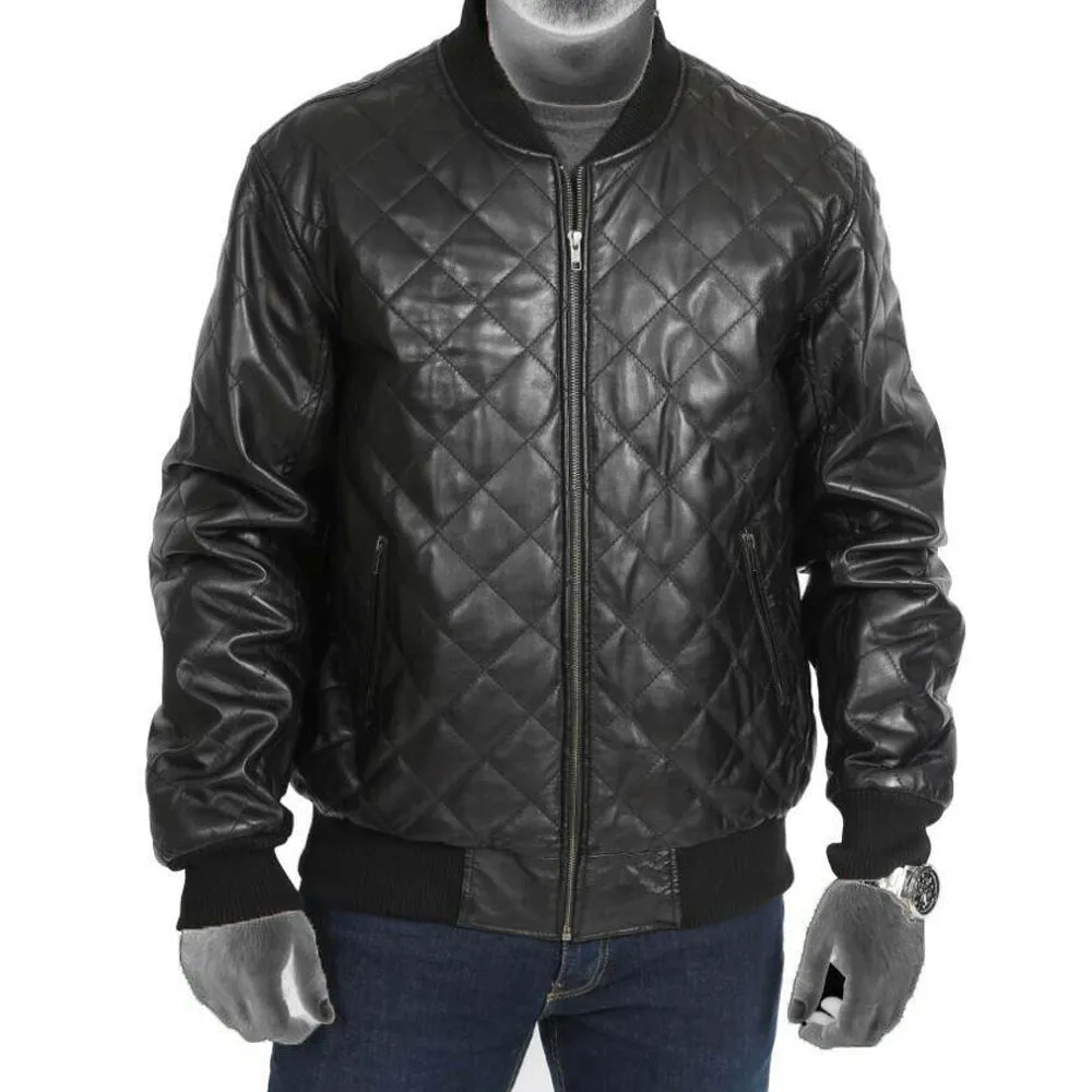 Men's New Style Black Real Leather Quilted Bomber Jacket