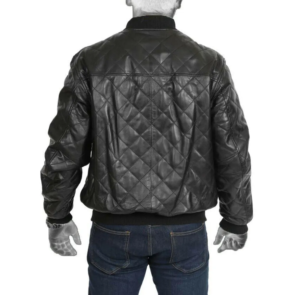 Men's New Style Black Real Leather Quilted Bomber Jacket