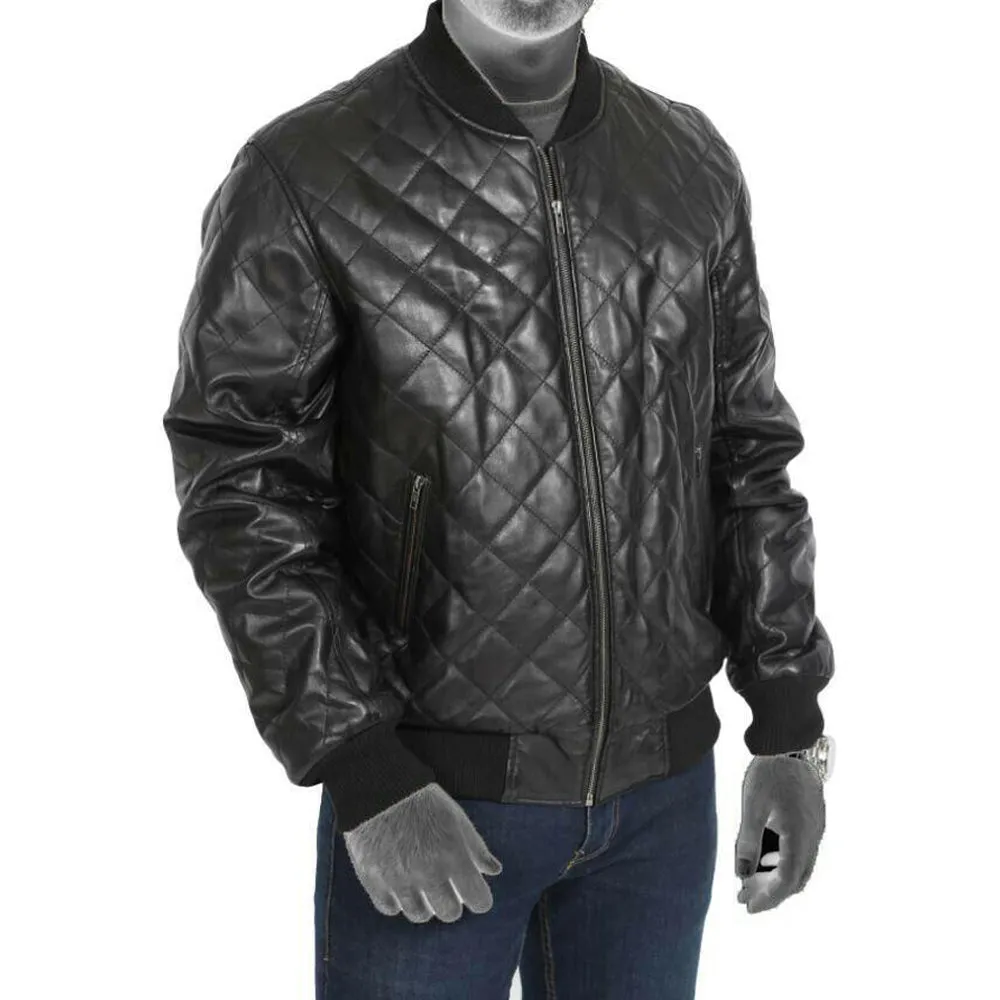 Men's New Style Black Real Leather Quilted Bomber Jacket