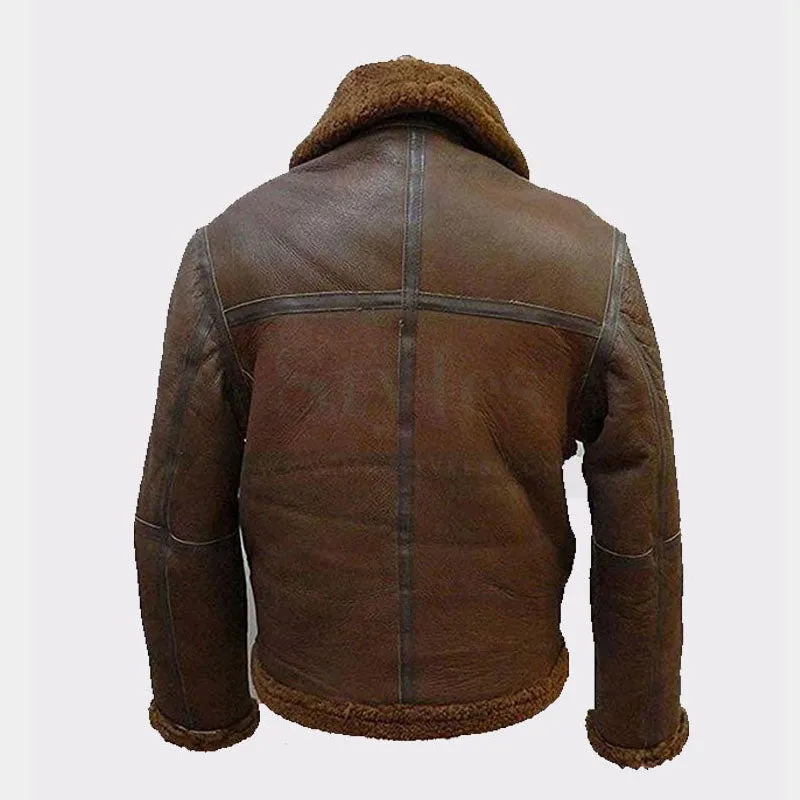 Men's Real Shearling Brown Flight Leather Bomber Jacket with Fur