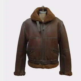 Men's Real Shearling Brown Flight Leather Bomber Jacket with Fur