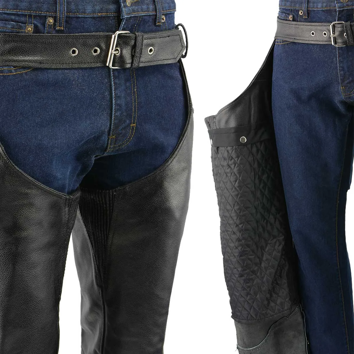 Men's XS432 Classic Black Thermal Lined Leather Motorcycle Chaps with Jean Style Pockets