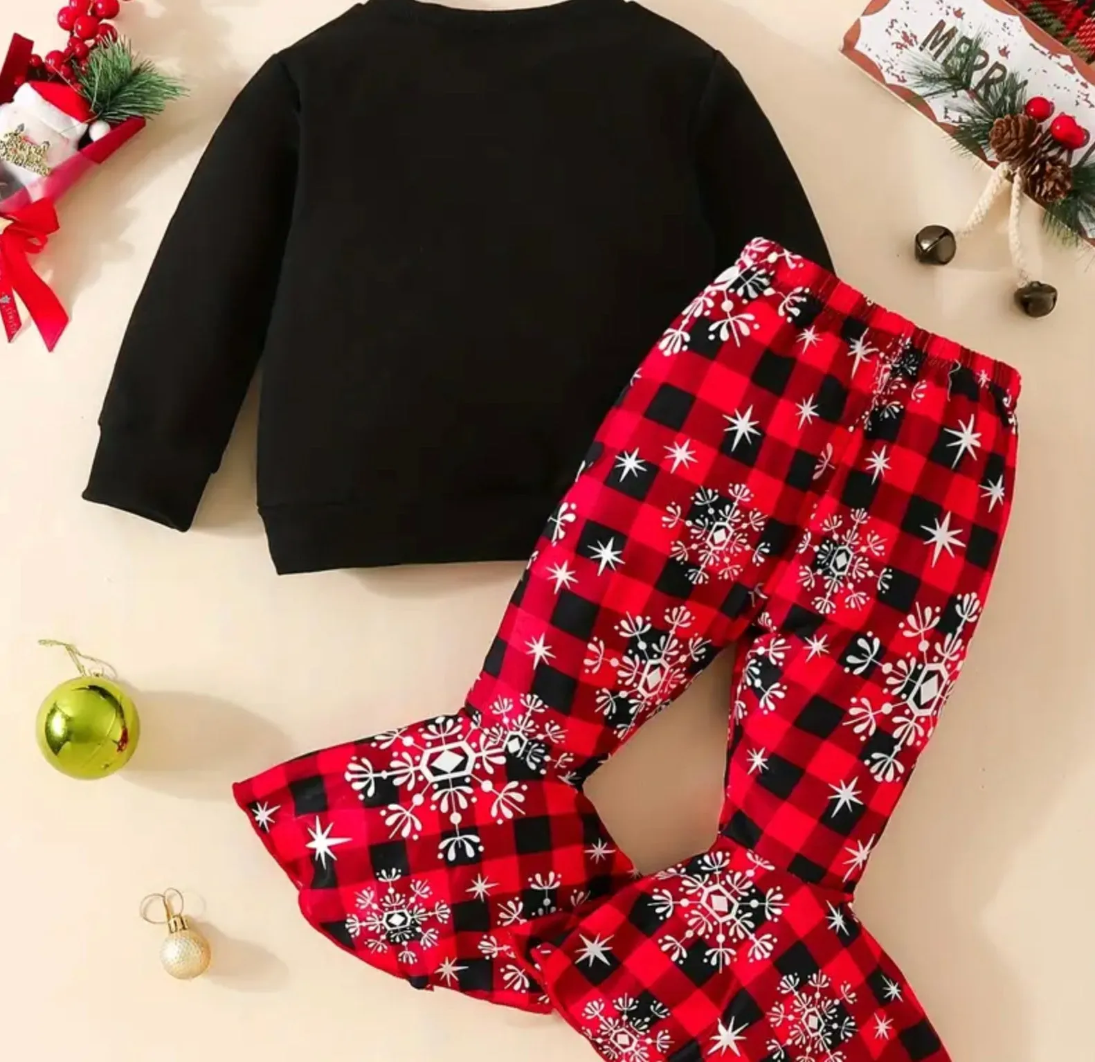 Merry Christmas Plaid Girls Outfit with Flared Pants