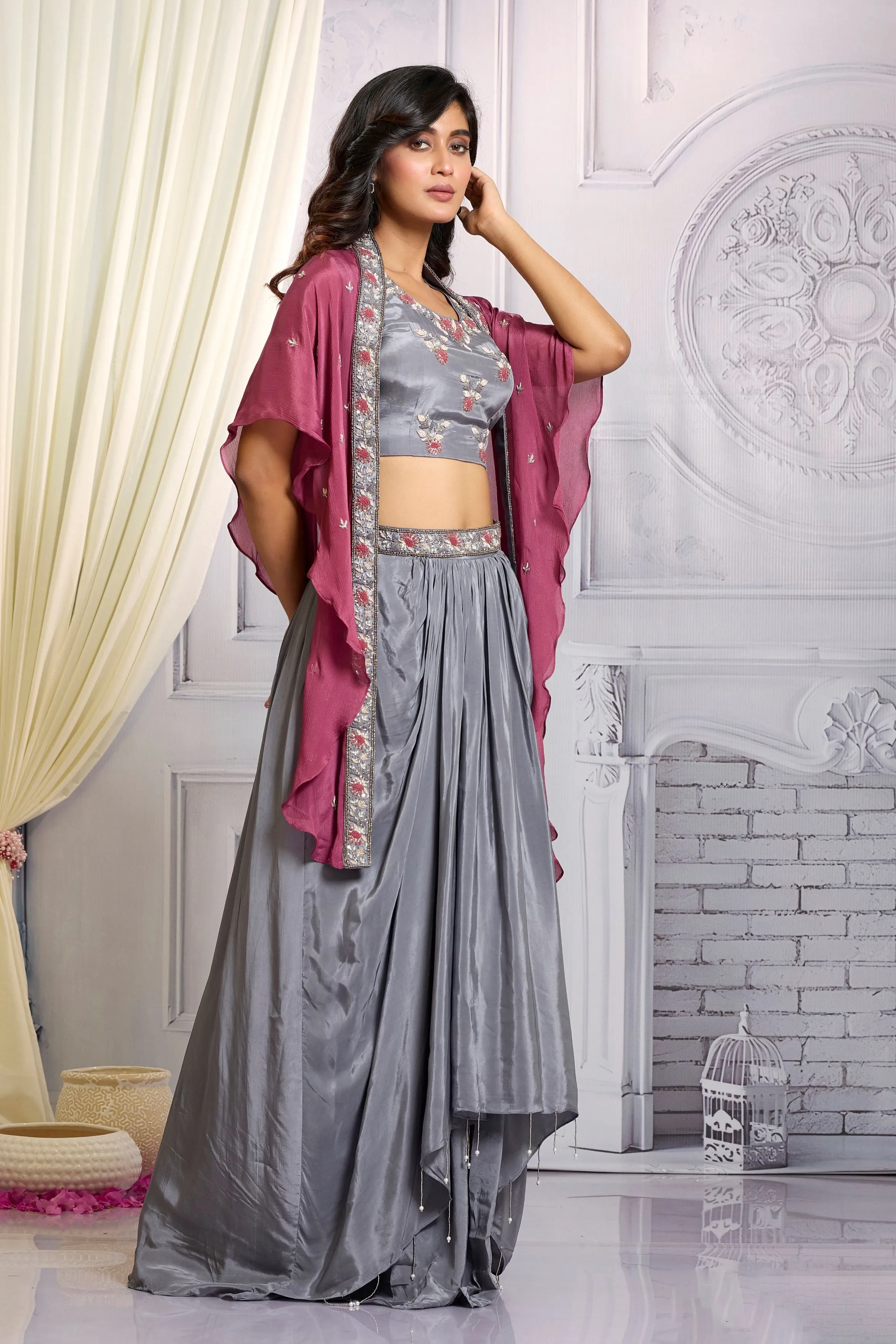 Metallic Silver  Embellished Chinon Silk Cape Set