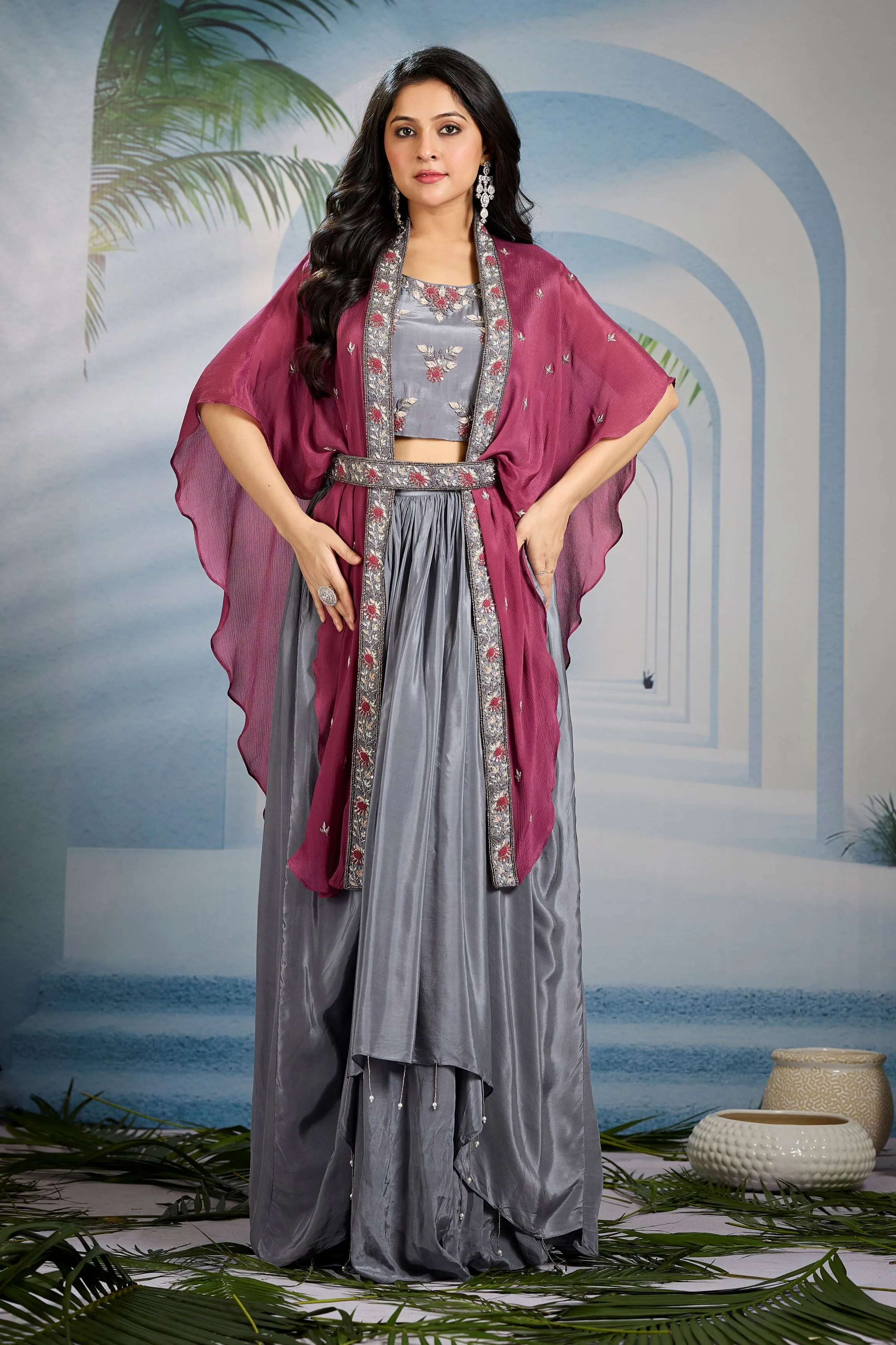 Metallic Silver  Embellished Chinon Silk Cape Set