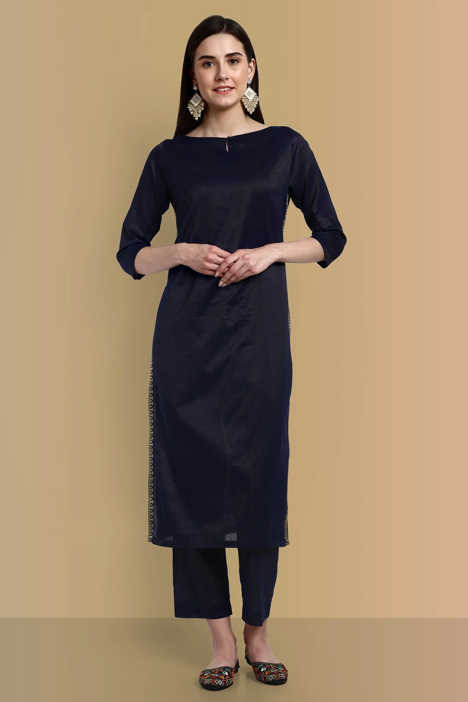 Midnight blue side Embriodery Kurta with elasticated pant - Set of 2