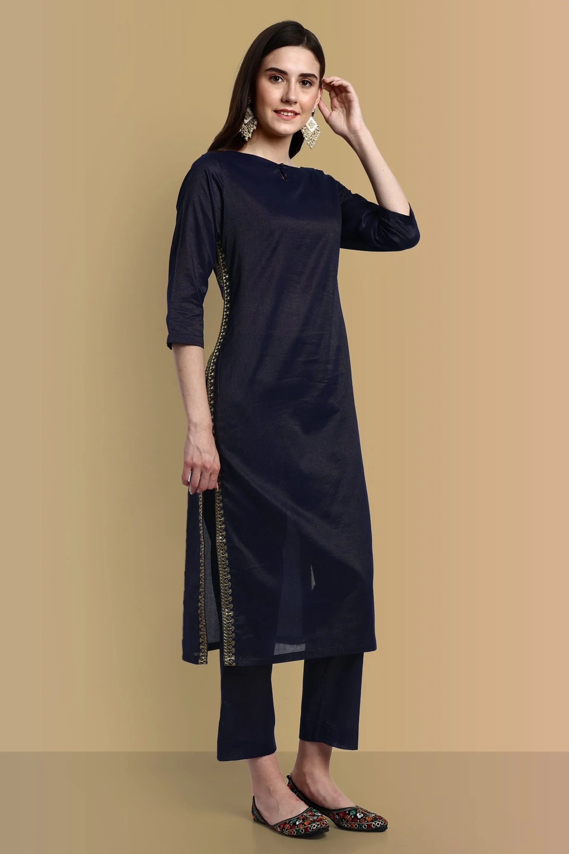 Midnight blue side Embriodery Kurta with elasticated pant - Set of 2