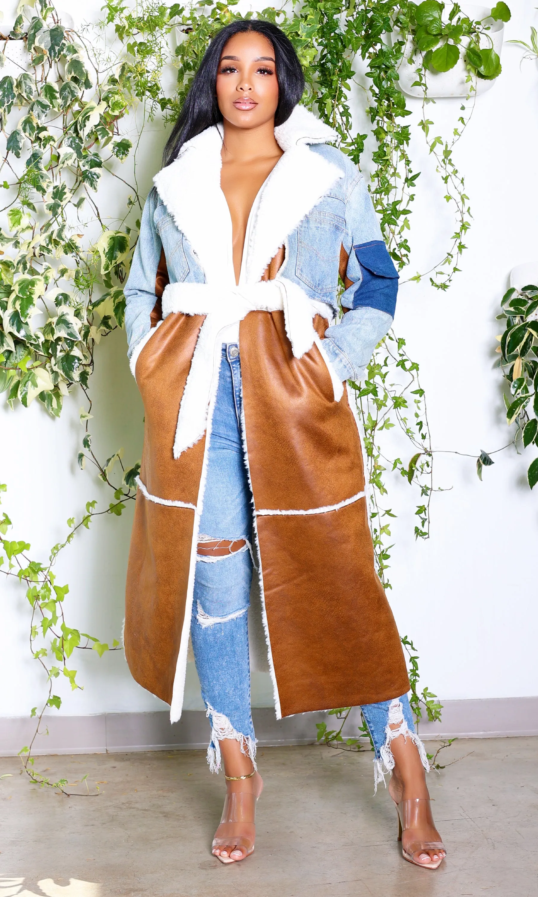 Mix It Up Faux Suede Denim Shearling Trench