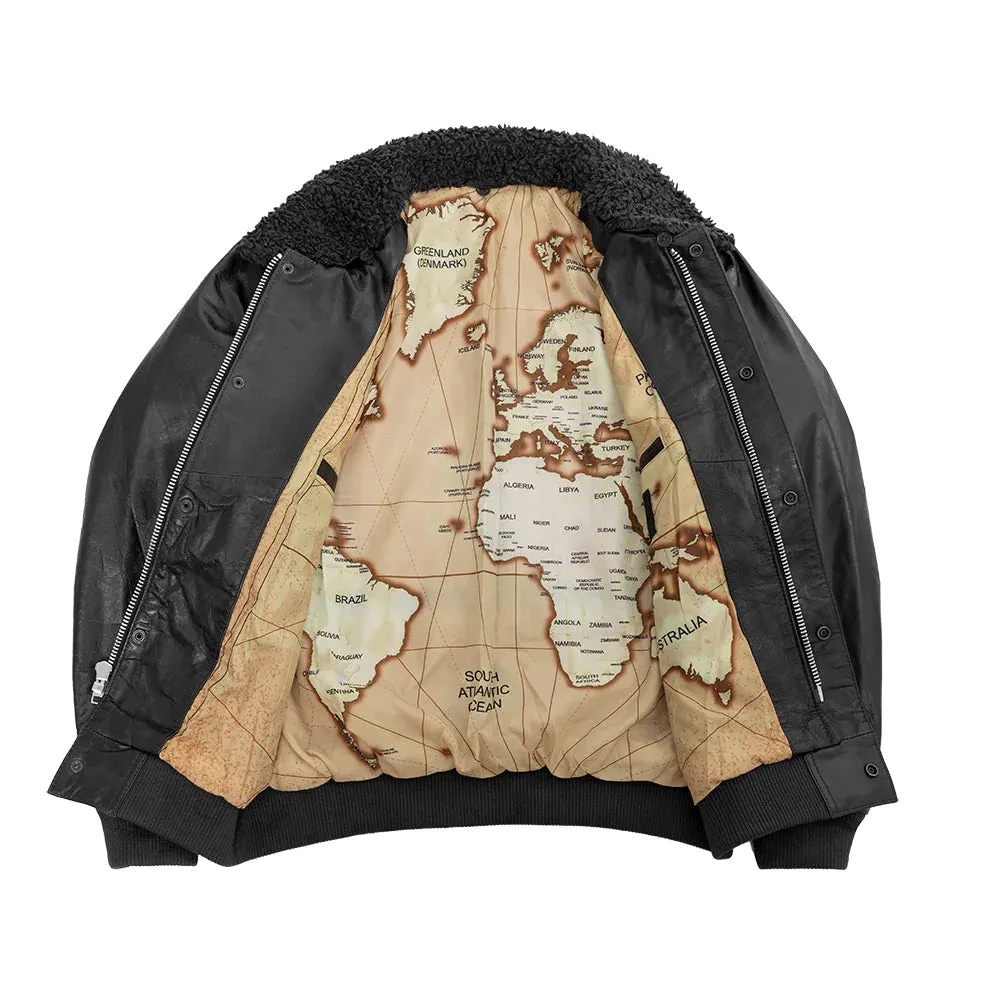 Old World Map Bomber Jacket Black