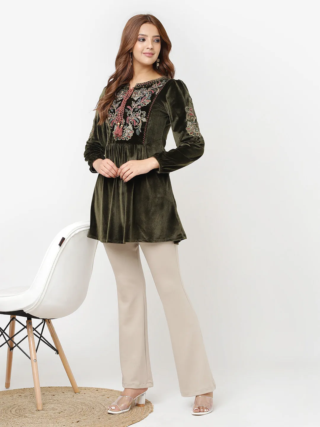 Olive Velvet Tunic with Threadwork and Tassels