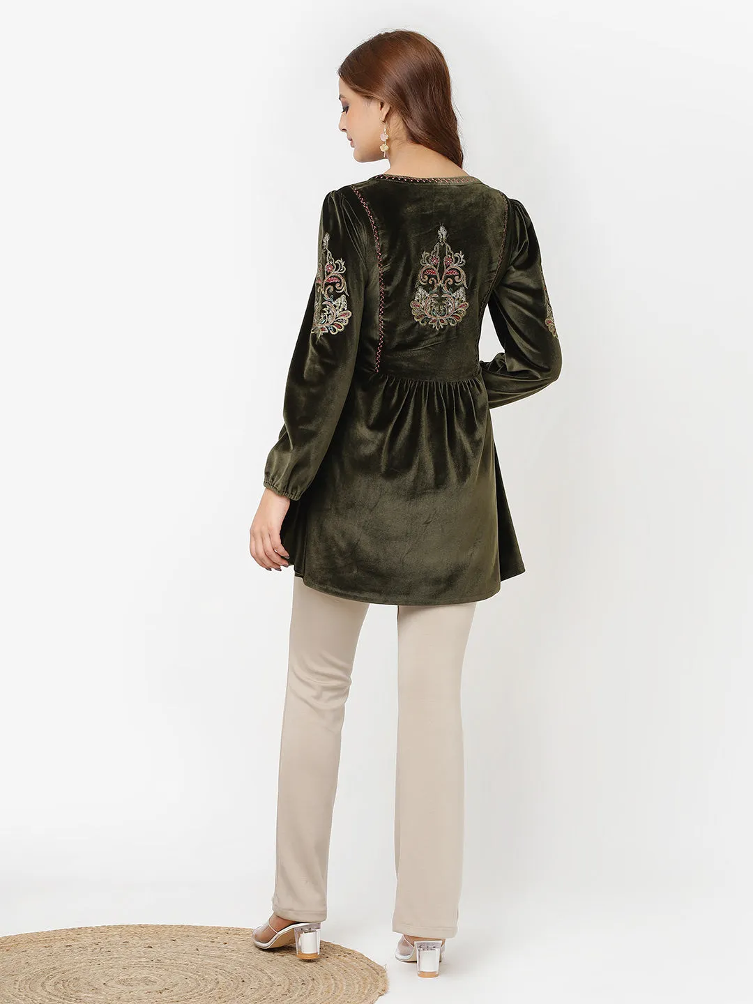 Olive Velvet Tunic with Threadwork and Tassels