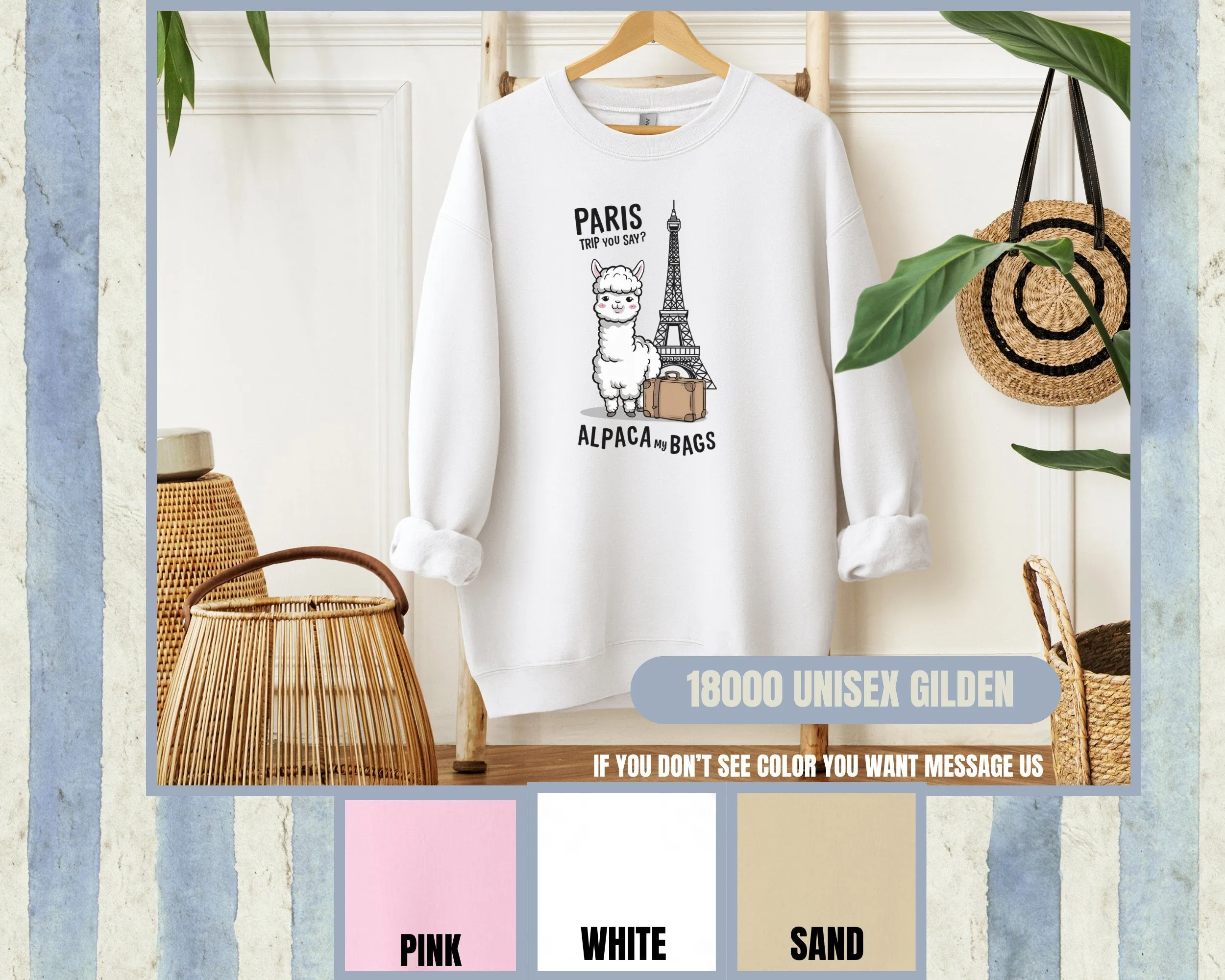 Paris Trip Alpaca My Bags T-Shirt, Funny Alpaca Travel Shirt, Cute Animal Humor Tee, Eiffel Tower Design, Great Travel Sweatshirt Gift