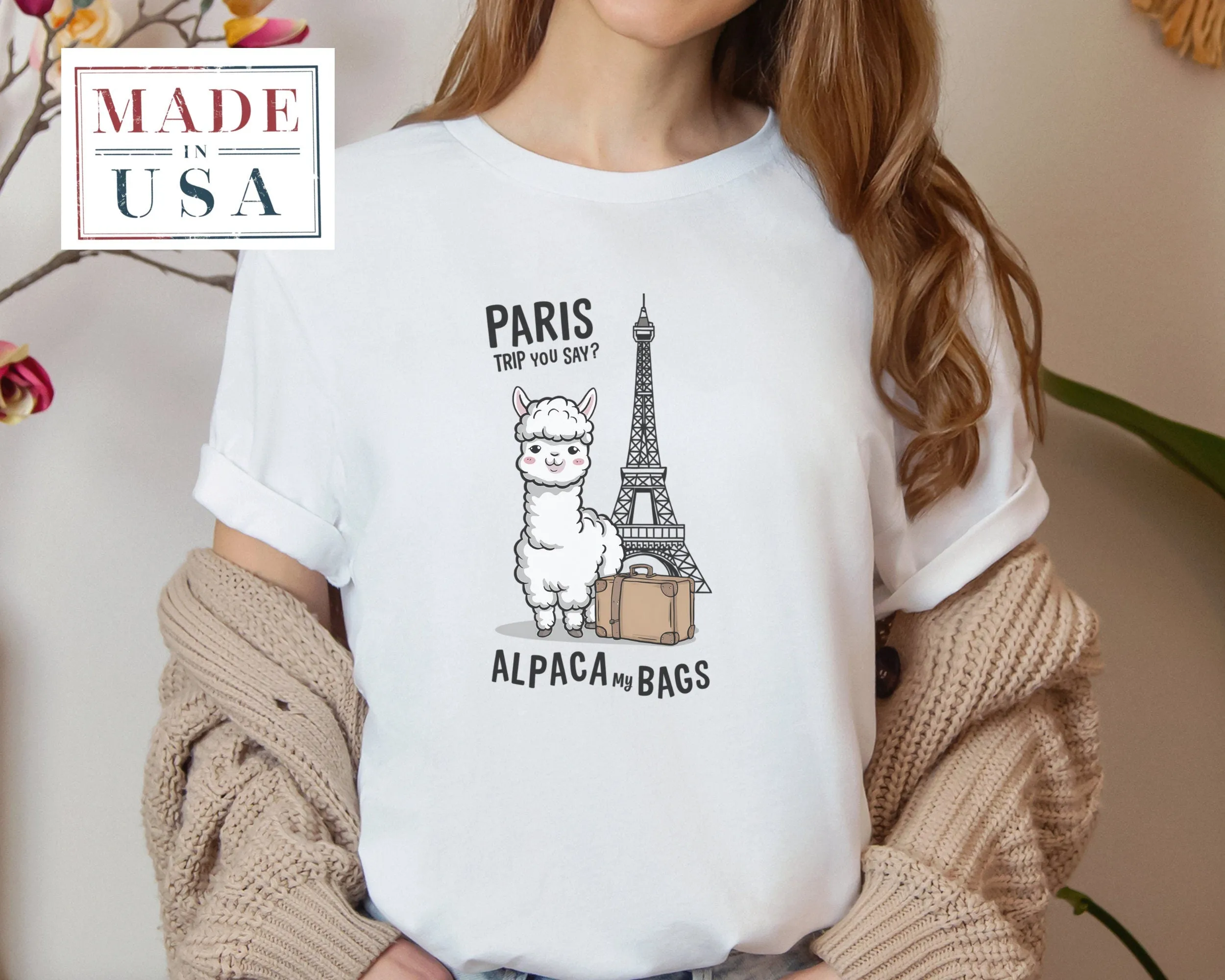 Paris Trip Alpaca My Bags T-Shirt, Funny Alpaca Travel Shirt, Cute Animal Humor Tee, Eiffel Tower Design, Great Travel Sweatshirt Gift