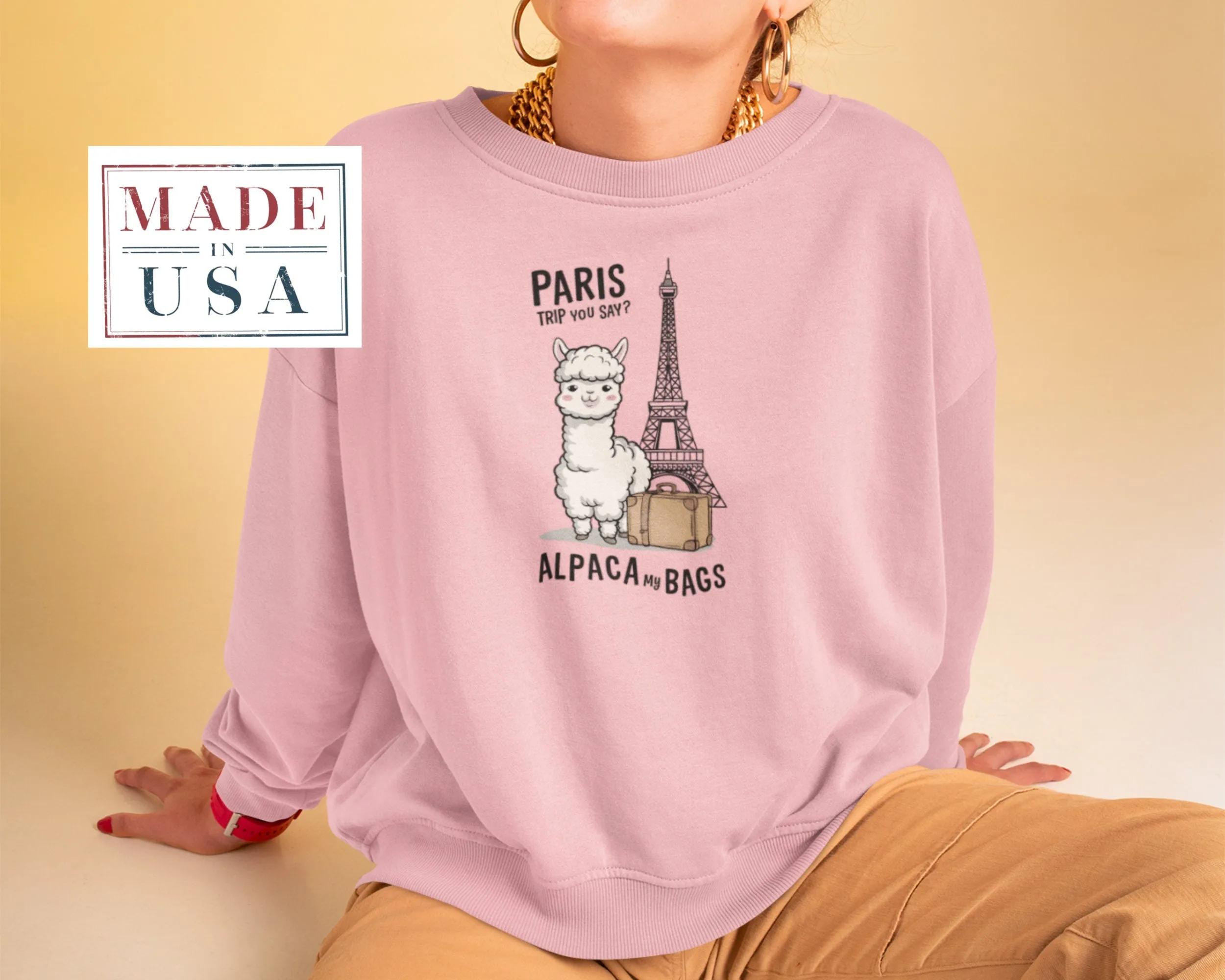 Paris Trip Alpaca My Bags T-Shirt, Funny Alpaca Travel Shirt, Cute Animal Humor Tee, Eiffel Tower Design, Great Travel Sweatshirt Gift