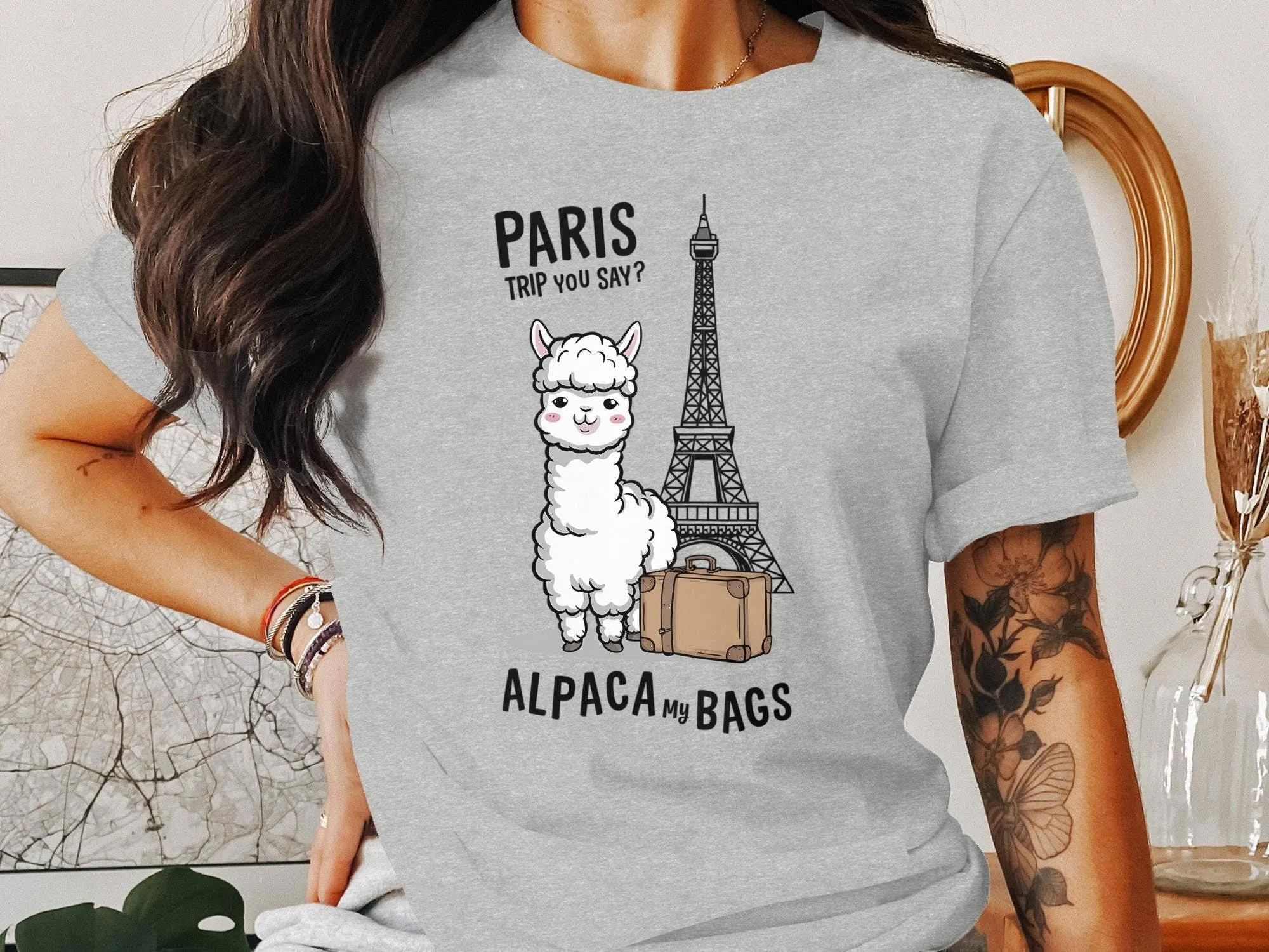 Paris Trip Alpaca My Bags T-Shirt, Funny Alpaca Travel Shirt, Cute Animal Humor Tee, Eiffel Tower Design, Great Travel Sweatshirt Gift