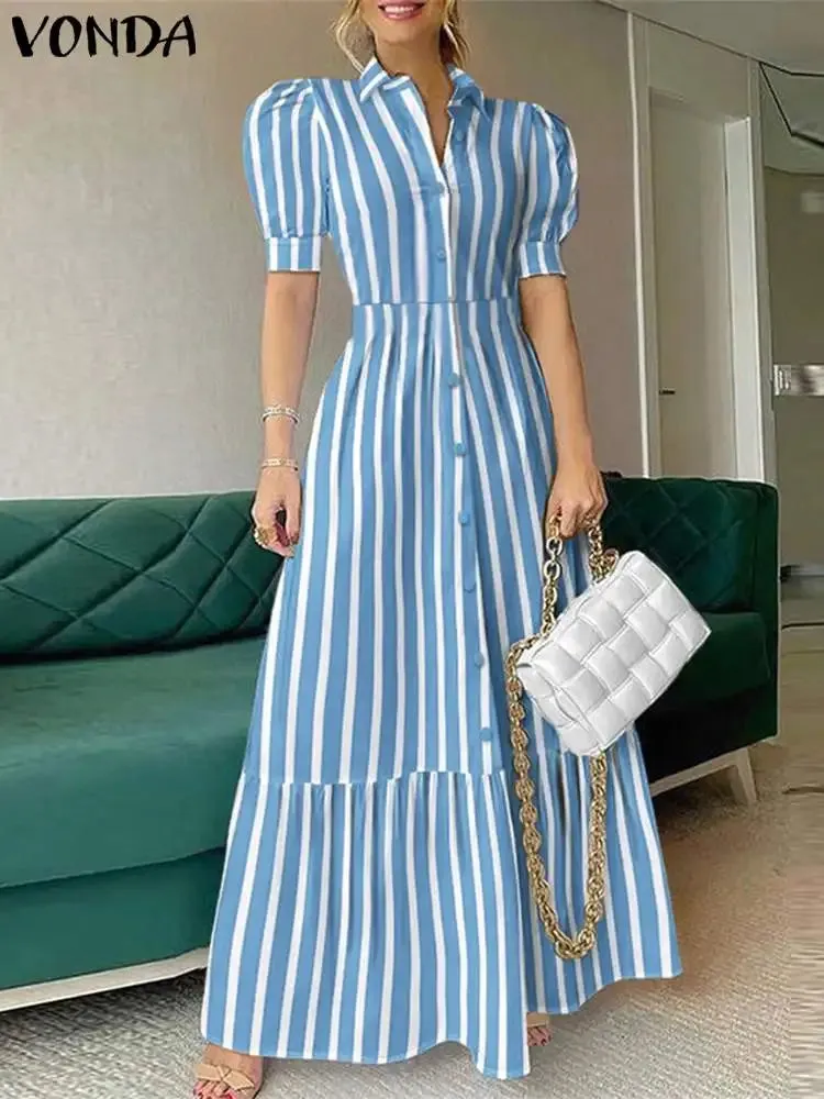 Plus Size VONDA Women Office Shirt Dress Summer Elegant Striped Dresses Sexy Puff Sleeve Lapel Long Maxi Sundress Casual Robe