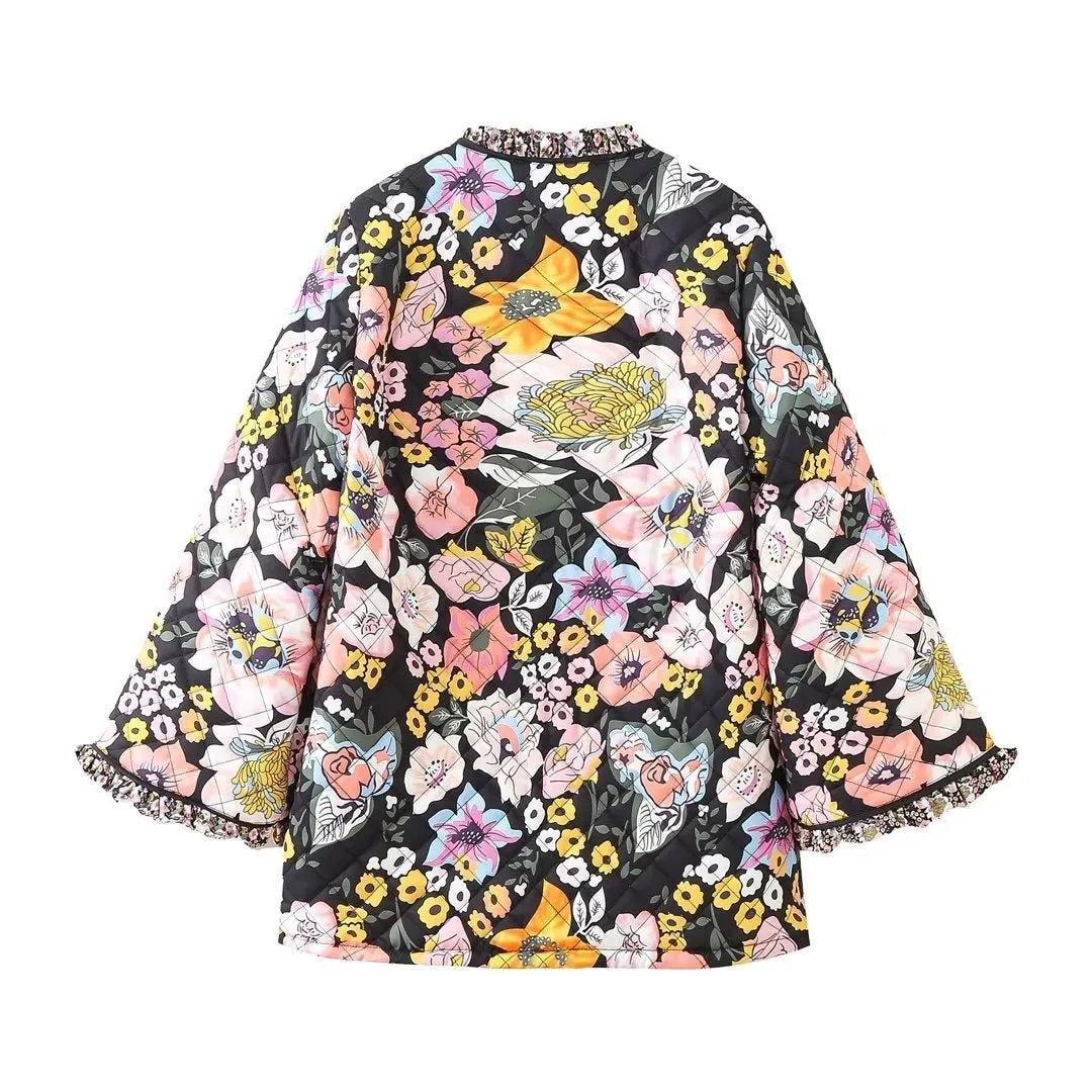 Pre Order:  Floral Ruffle Spliced Quilted Jacket