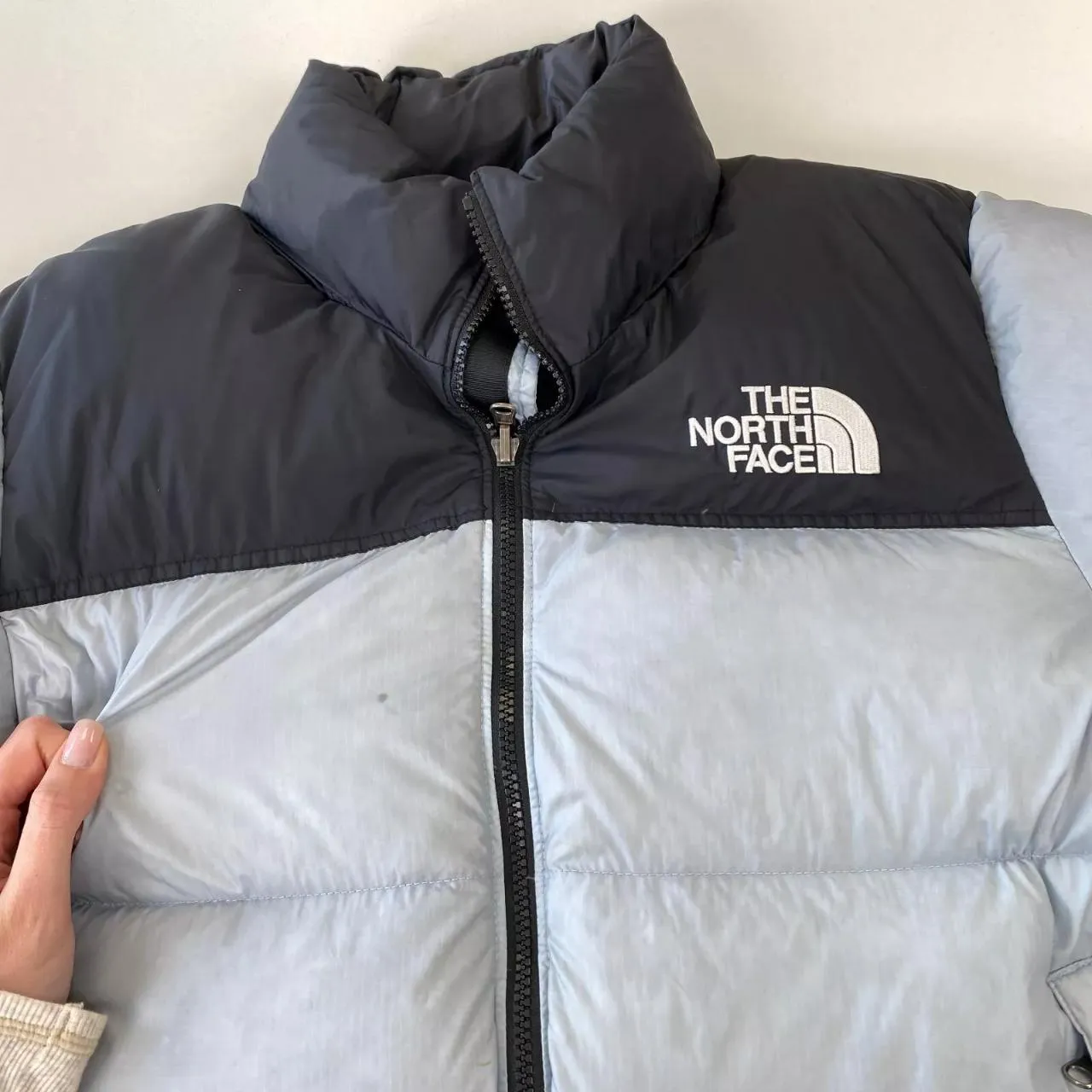 Preowned The North Face Womens 700 Down 1996 Retro Puffer Jacket Size L Light Blue Black