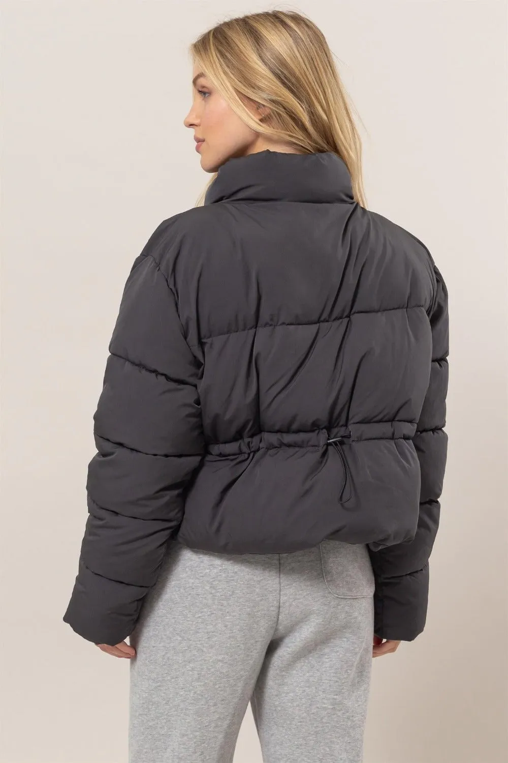 Quilted Back Drawstring Puffer Jacket | Black