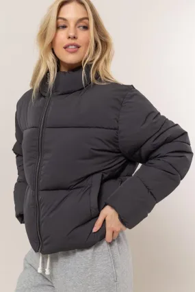 Quilted Back Drawstring Puffer Jacket | Black