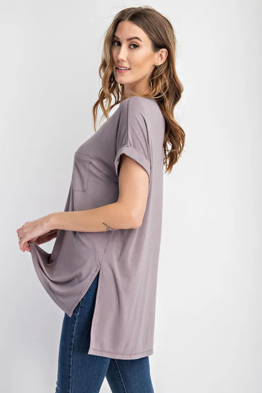 Rae Mode V-Neck Basic High Low Hem Top (Latte, Coal Black & Vintage Denim)