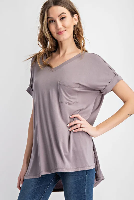 Rae Mode V-Neck Basic High Low Hem Top (Latte, Coal Black & Vintage Denim)