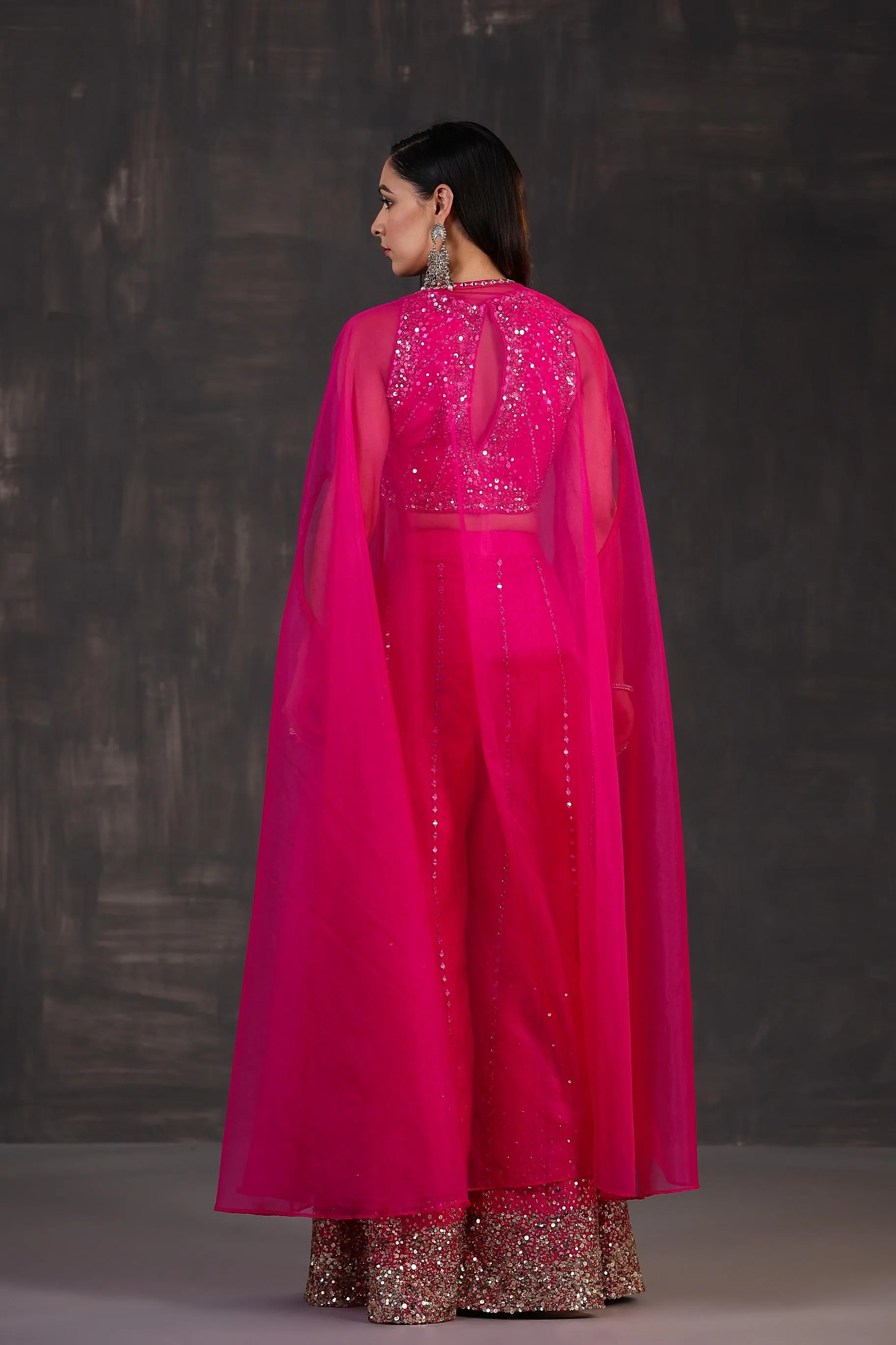 Rani Pink Embellished Premium Organza Silk Cape Set