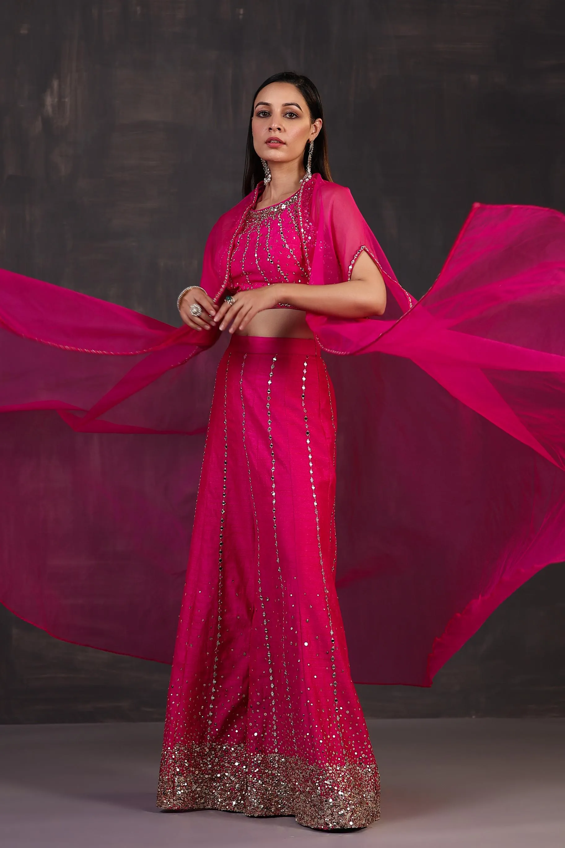 Rani Pink Embellished Premium Organza Silk Cape Set