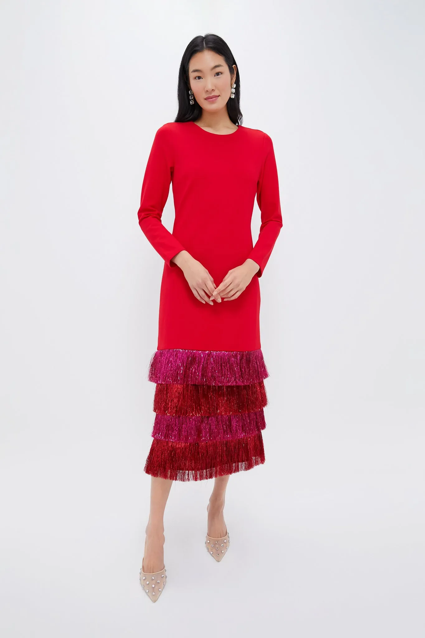 Red & Pink Metallic Fringe Francie Long Sleeve Maxi Dress