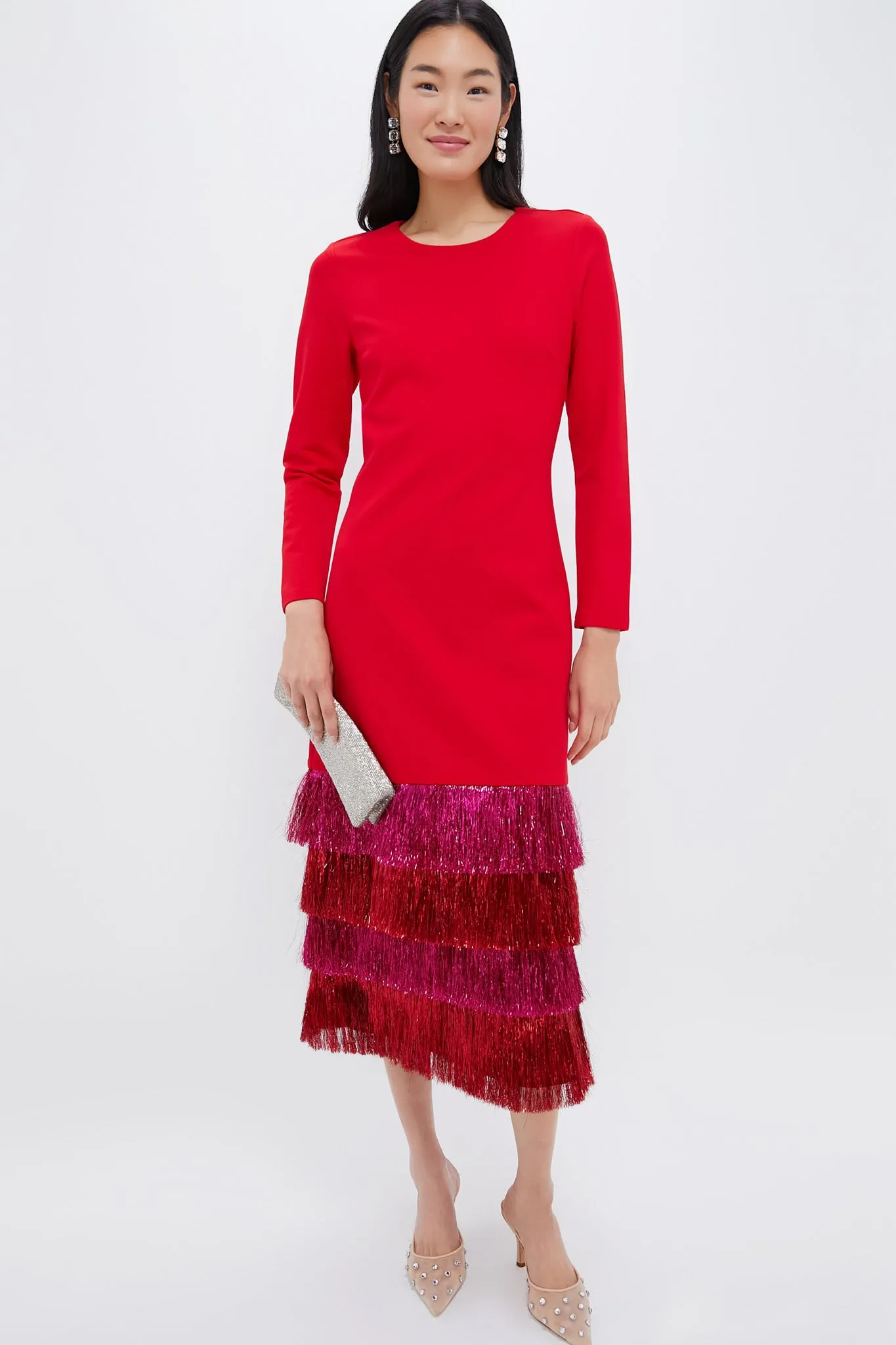 Red & Pink Metallic Fringe Francie Long Sleeve Maxi Dress