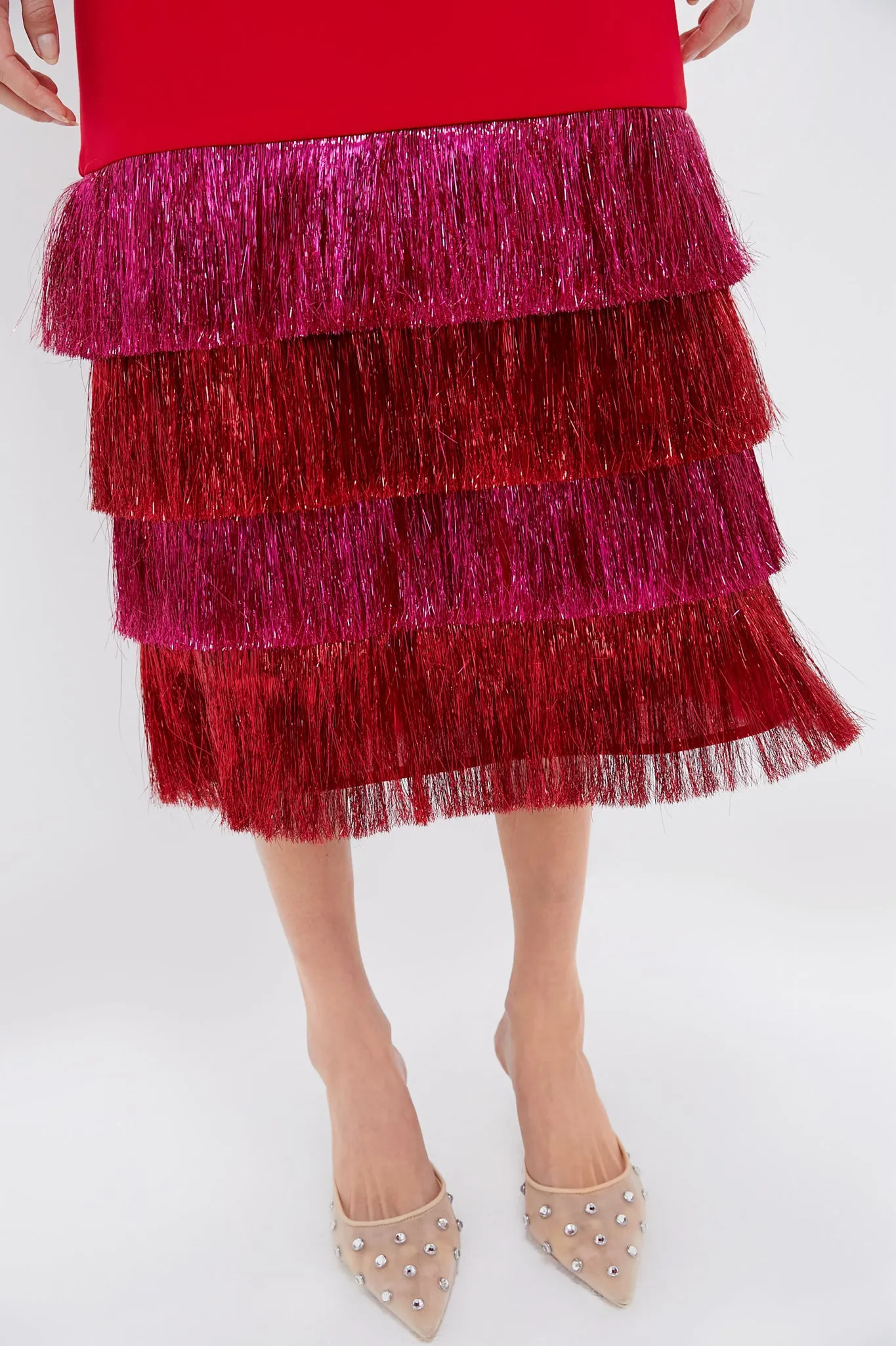 Red & Pink Metallic Fringe Francie Long Sleeve Maxi Dress