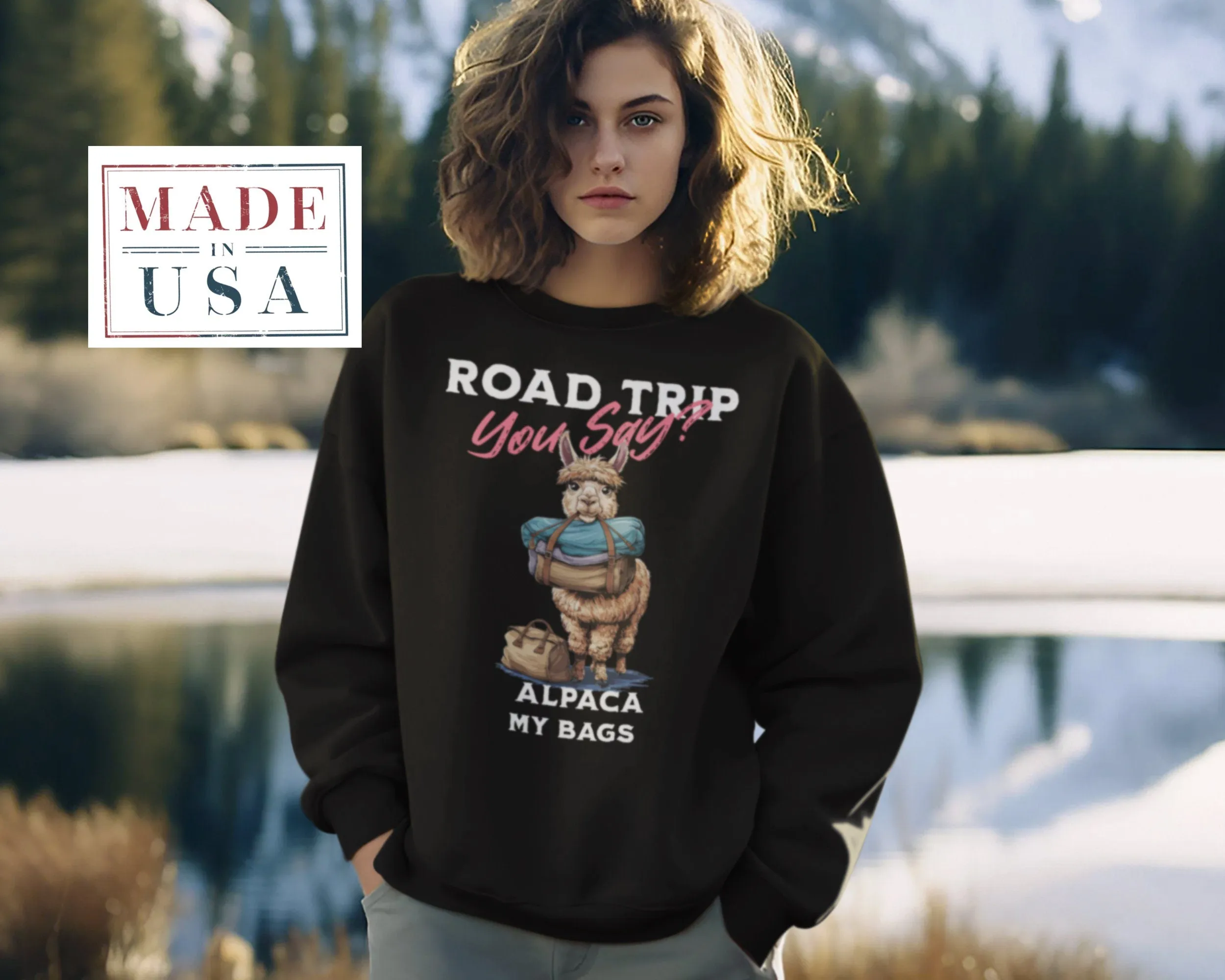 Road Trip Funny Llama T-Shirt, Cute Llama with Baggage, You Say? Graphic Tee, Humor Animal Print Shirt, Quirky Llama, Alpaca Sweatshirt