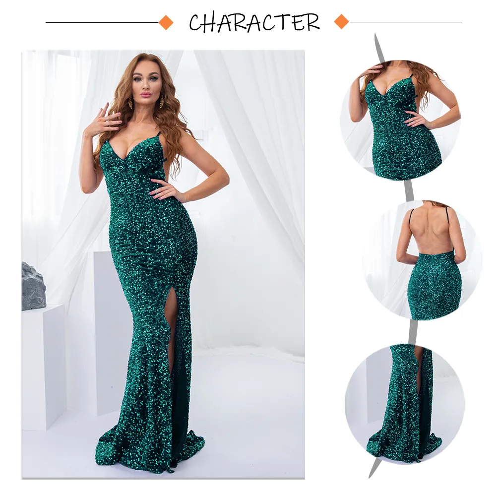 Sequin Backless Slip Mermaid Long Party Luxury V Neck Velvet Stretch Slit Sleeveless Cocktail Prom Formal Dress