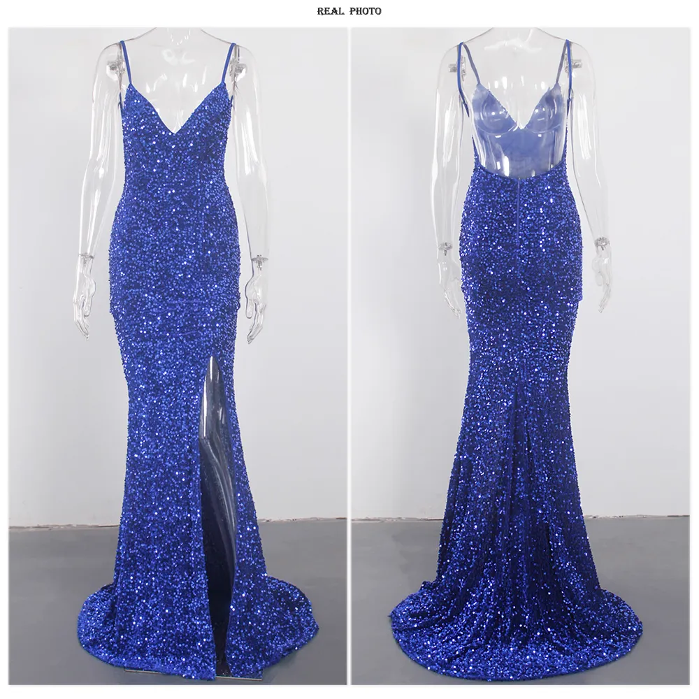 Sequin Backless Slip Mermaid Long Party Luxury V Neck Velvet Stretch Slit Sleeveless Cocktail Prom Formal Dress