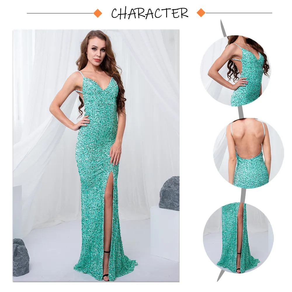 Sequin Backless Slip Mermaid Long Party Luxury V Neck Velvet Stretch Slit Sleeveless Cocktail Prom Formal Dress