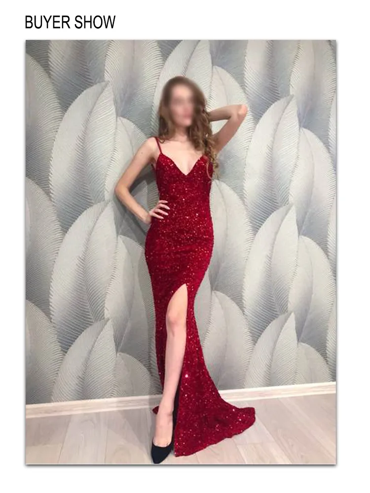 Sequin Backless Slip Mermaid Long Party Luxury V Neck Velvet Stretch Slit Sleeveless Cocktail Prom Formal Dress