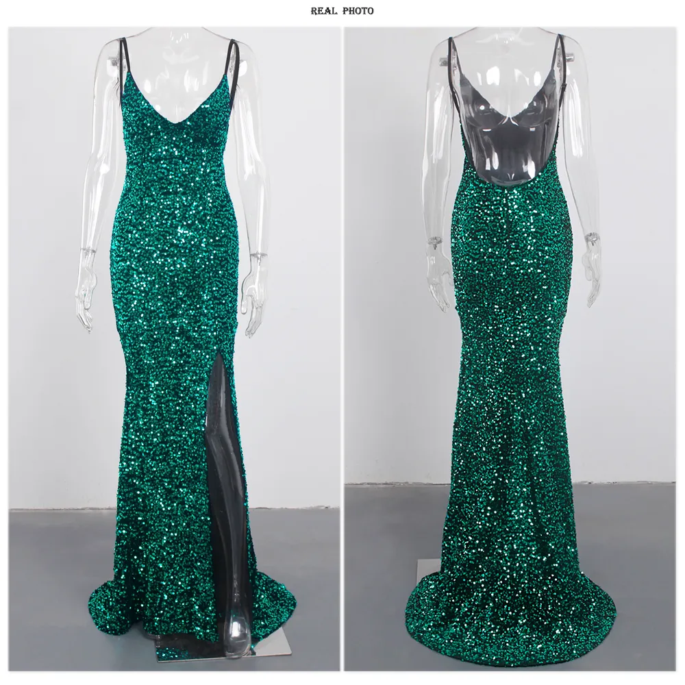 Sequin Backless Slip Mermaid Long Party Luxury V Neck Velvet Stretch Slit Sleeveless Cocktail Prom Formal Dress