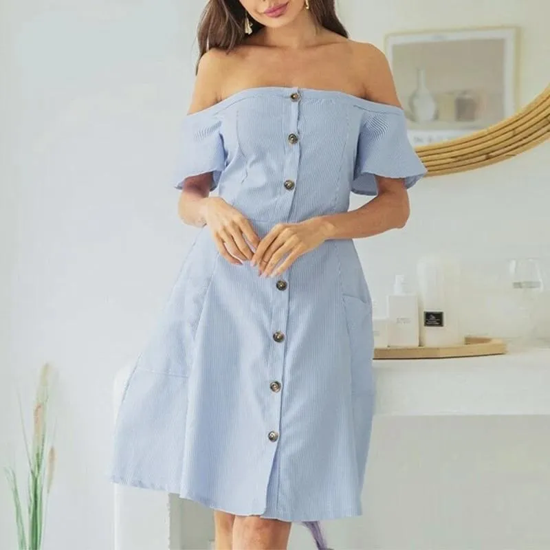 Sexy Off Shoulder Striped Elegant Office A-line Midi Dress