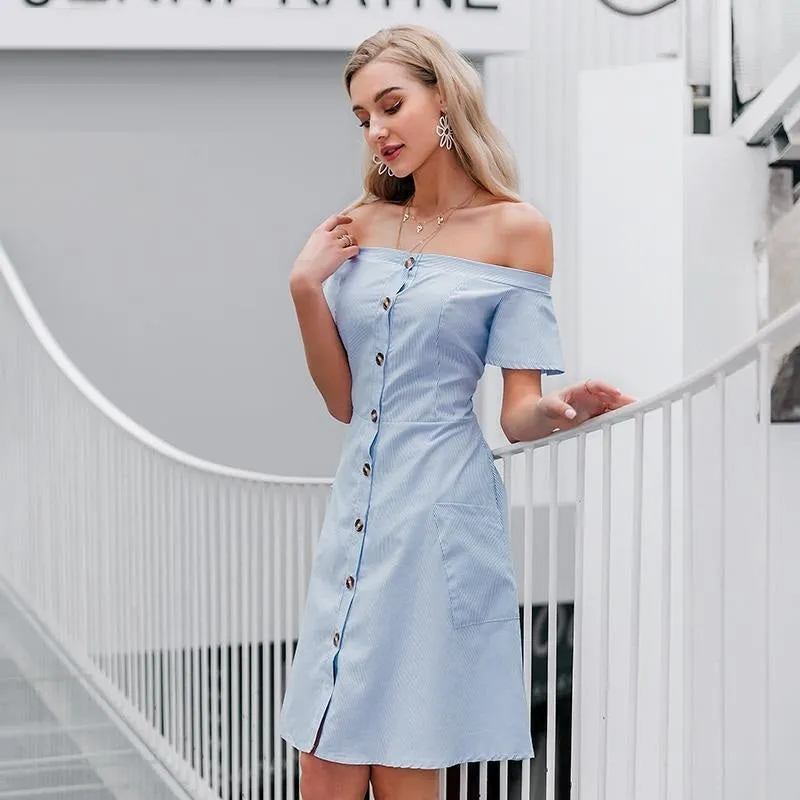 Sexy Off Shoulder Striped Elegant Office A-line Midi Dress